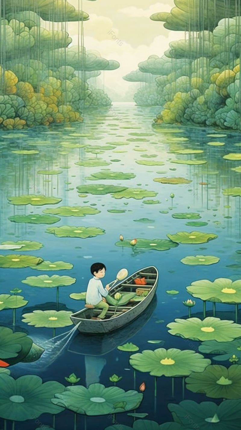 绿色的深林里池塘里划船的男孩,插画/手绘图,插画/手绘图库,插画/手绘图下载,插画/手绘